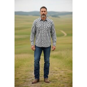 Wrangler Western Shirt Mens L Black White Plaid Pearl Snap Long Sleeve Excellent